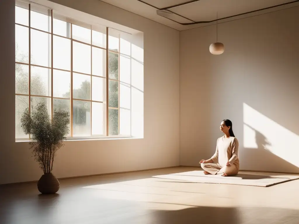 Imagen de meditación en un espacio minimalista y luminoso - Beneficios del Mindfulness en la felicidad diaria