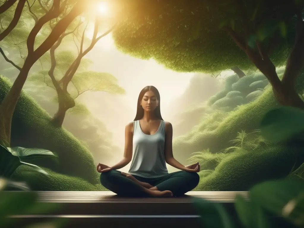 Imagen de meditación mindfulness: persona en ambiente sereno rodeada de naturaleza, expresión tranquila