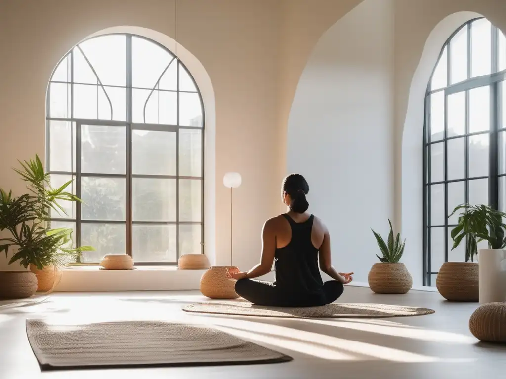 Persona en sala de meditación practicando técnicas de mindfulness