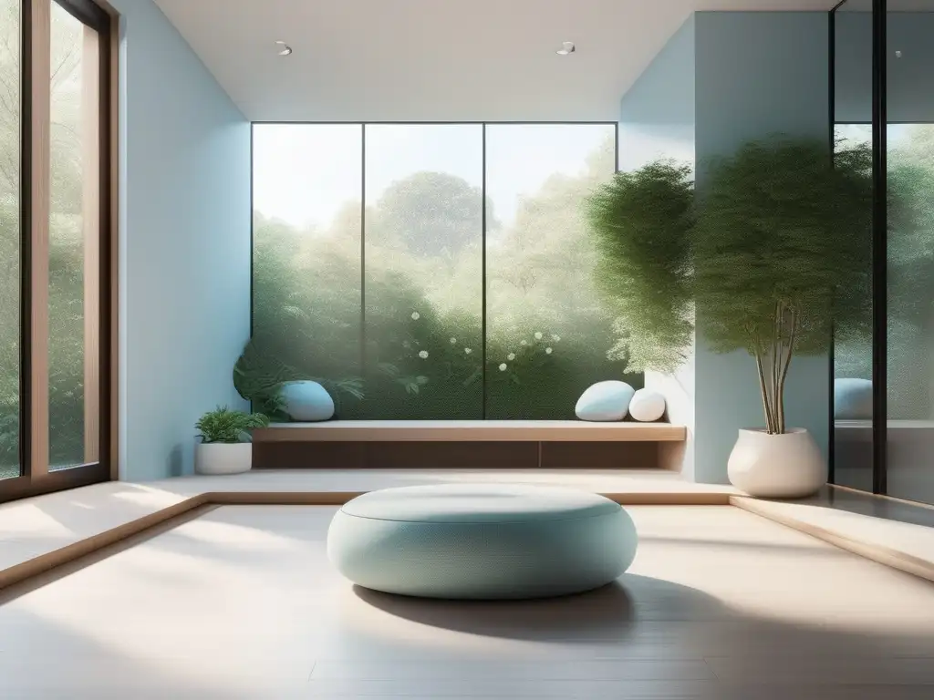 Beneficios Mindfulness en Esquizofrenia: Sereno cuarto meditación minimalista con ventana amplia y jardín verde afuera