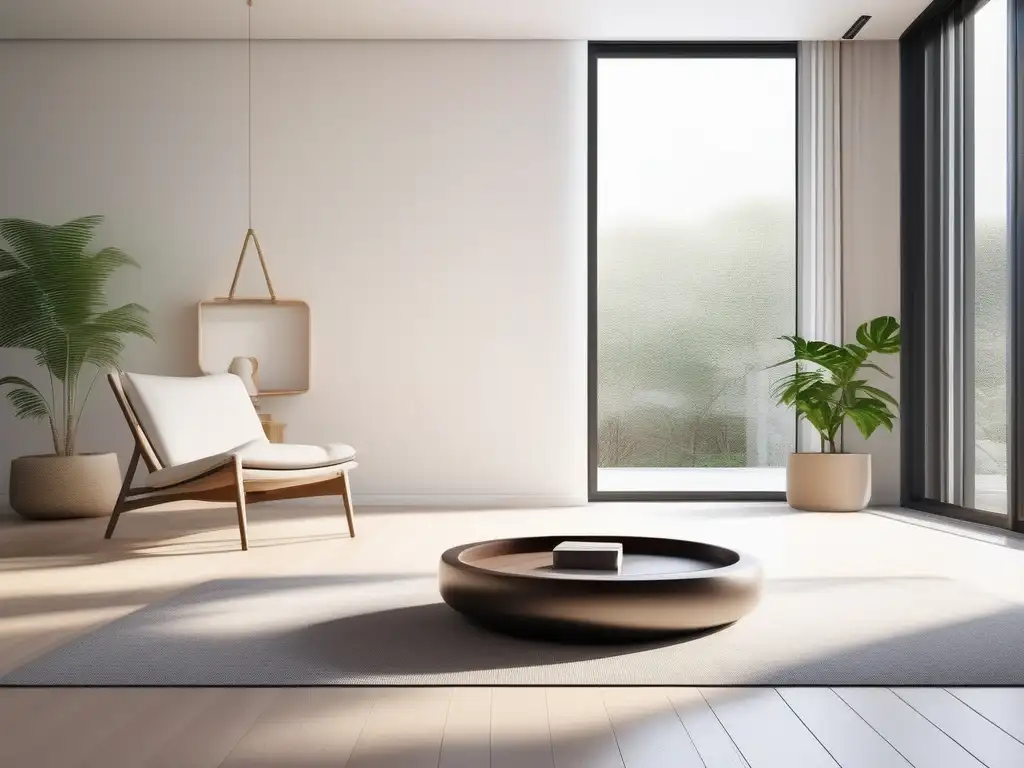 Beneficios meditación: espacio sereno con luz natural, decoración minimalista y planta verde