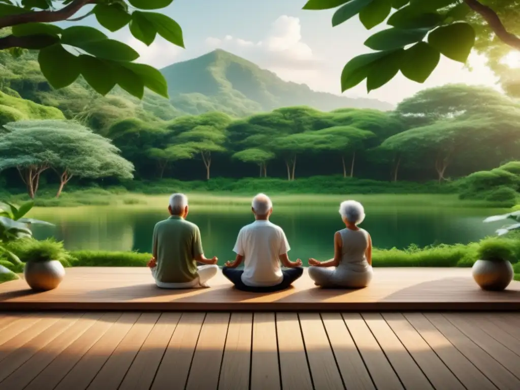 Técnicas de bienestar mental en la vejez: imagen serena de meditación en la naturaleza con ancianos