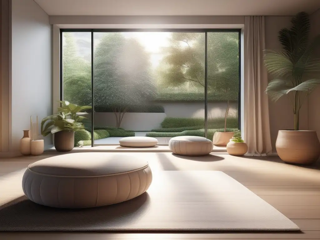 Beneficios meditación dinámica Osho: espacio sereno con decoración minimalista, luz natural, ventana hacia jardín, cojín meditación