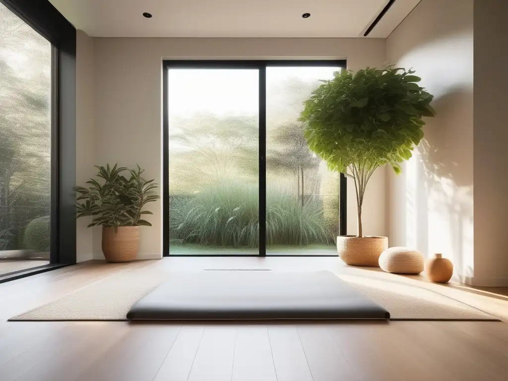 Hábitos saludables para equilibrio mental en una sala de meditación minimalista con vista a un jardín tranquilo