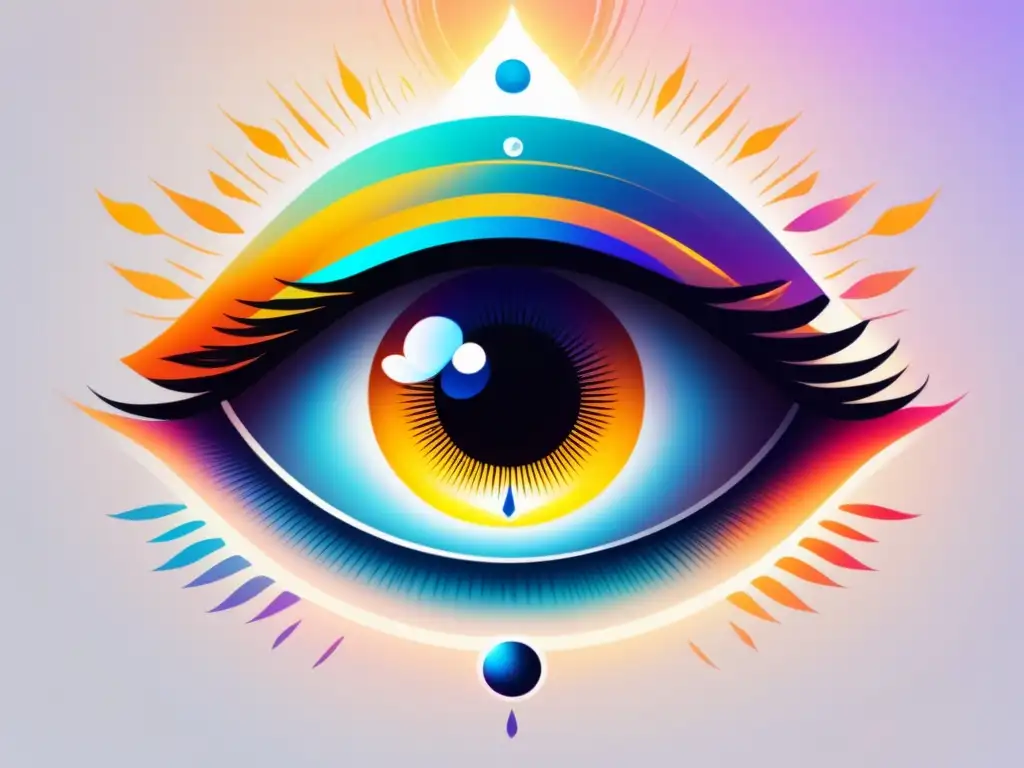 Técnicas de meditación del tercer ojo - Imagen de meditación con un ojo en el centro rodeado de colores vibrantes y rayos de luz