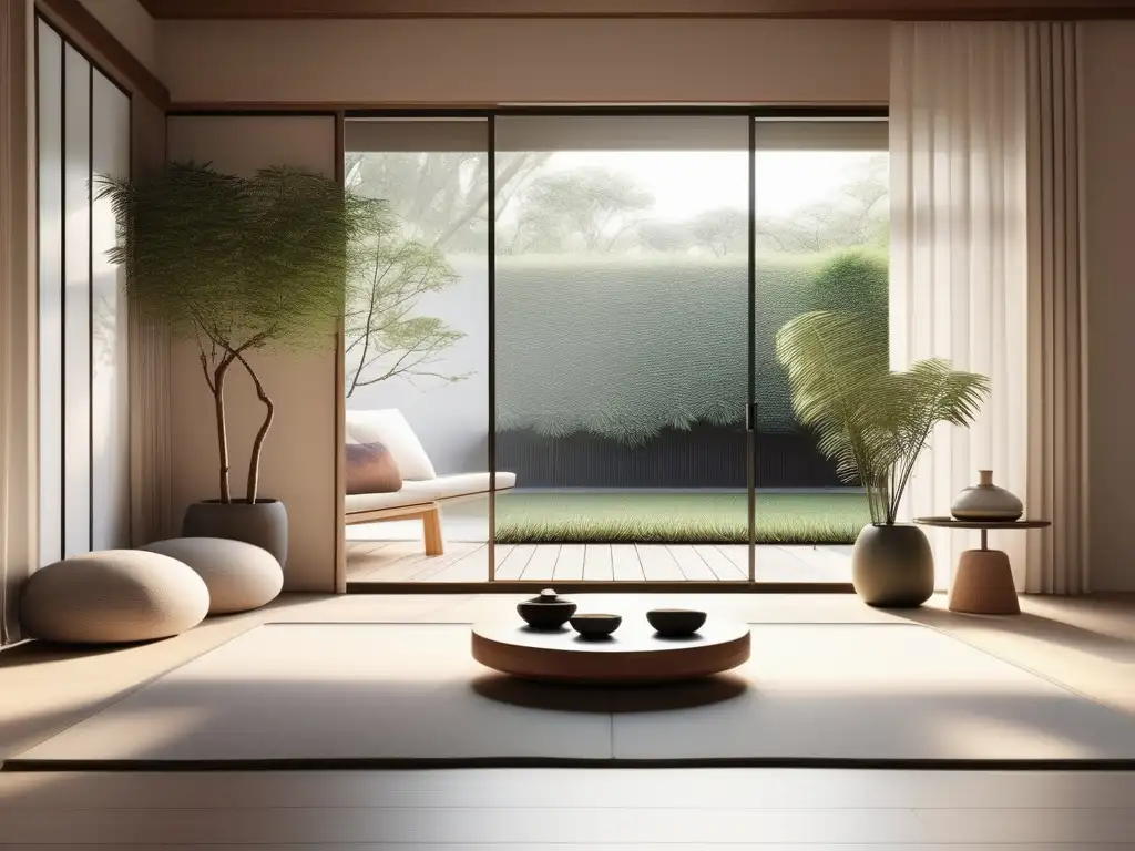 Habitación de meditación zen con decoración minimalista y vista a un jardín exuberante