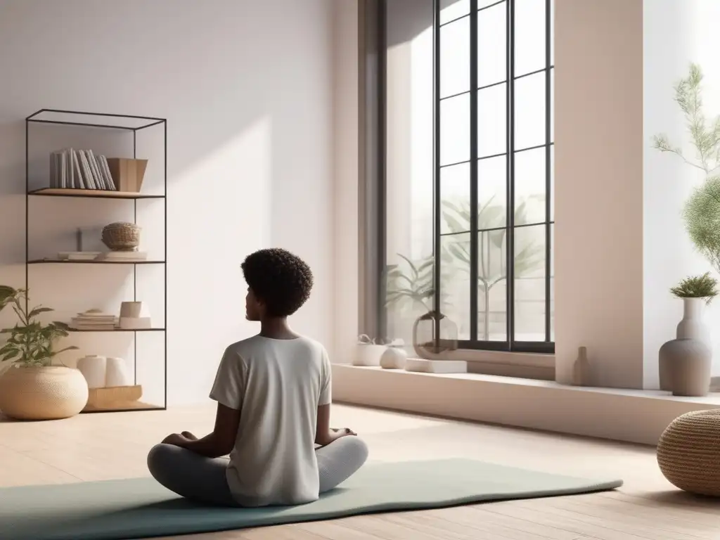 Beneficios de mindfulness en adolescentes: imagen 8k con escena serena y minimalista de adolescente practicando mindfulness