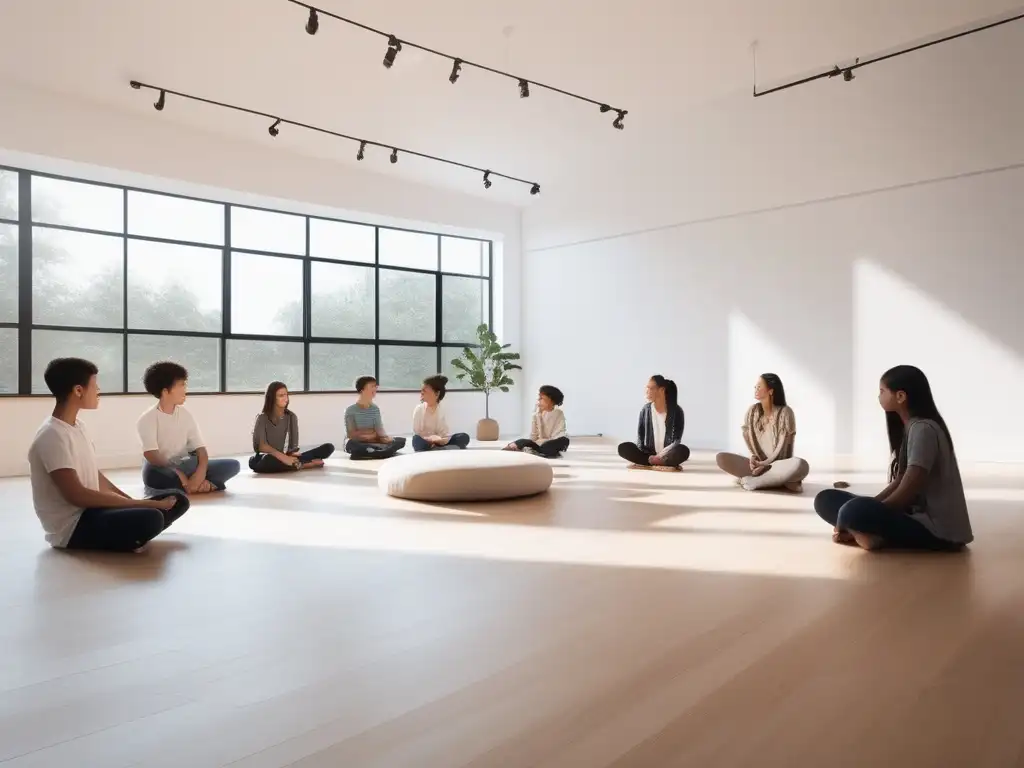 Beneficios Mindfulness para estudiantes con TDAH: Aula tranquila, luz natural, estudiantes en sesión de mindfulness