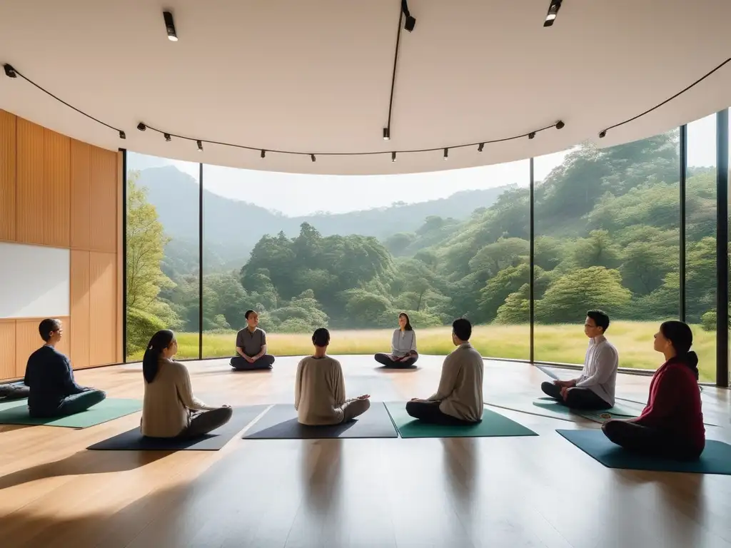 Beneficios del Mindfulness en educación: Profesores practican en un aula serena y minimalista, rodeados de naturaleza