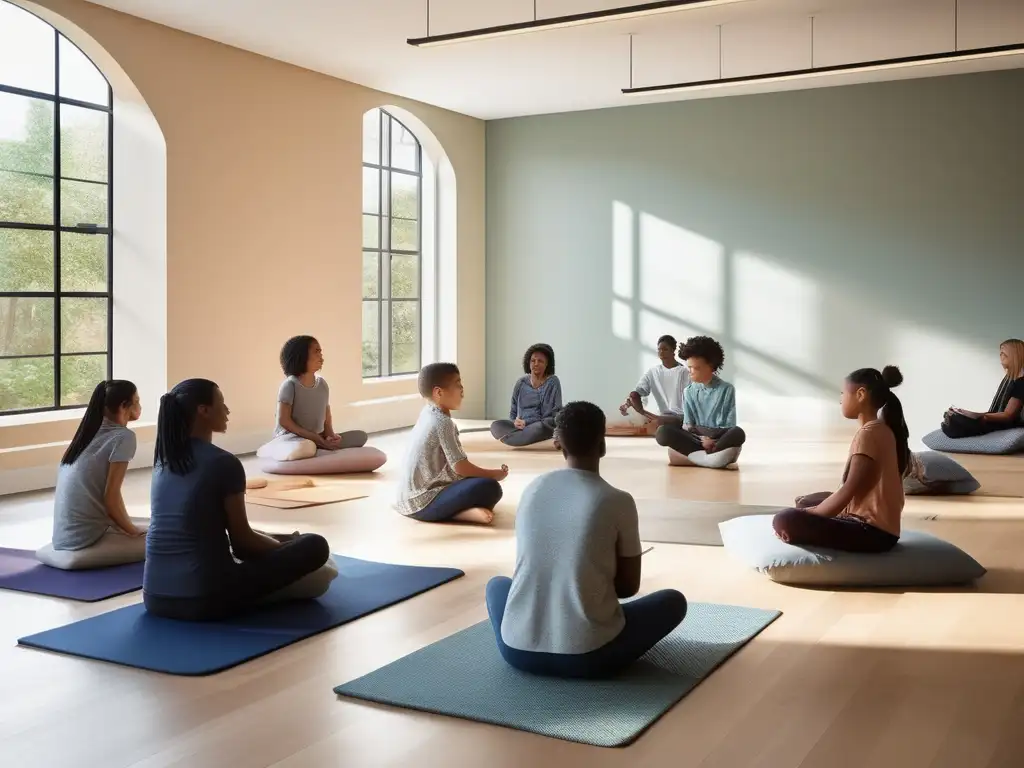 Beneficios del mindfulness en educación: aula serena con estudiantes practicando mindfulness