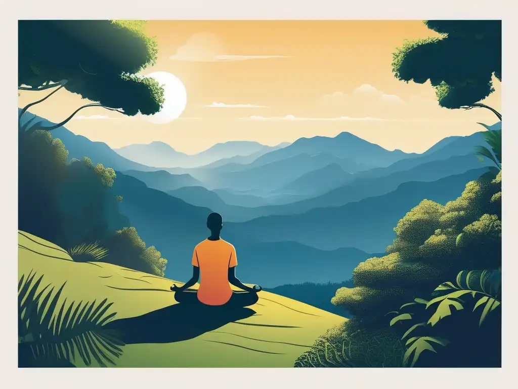 Ilustración minimalista de persona meditando en montaña: Técnicas de mindfulness para estrés