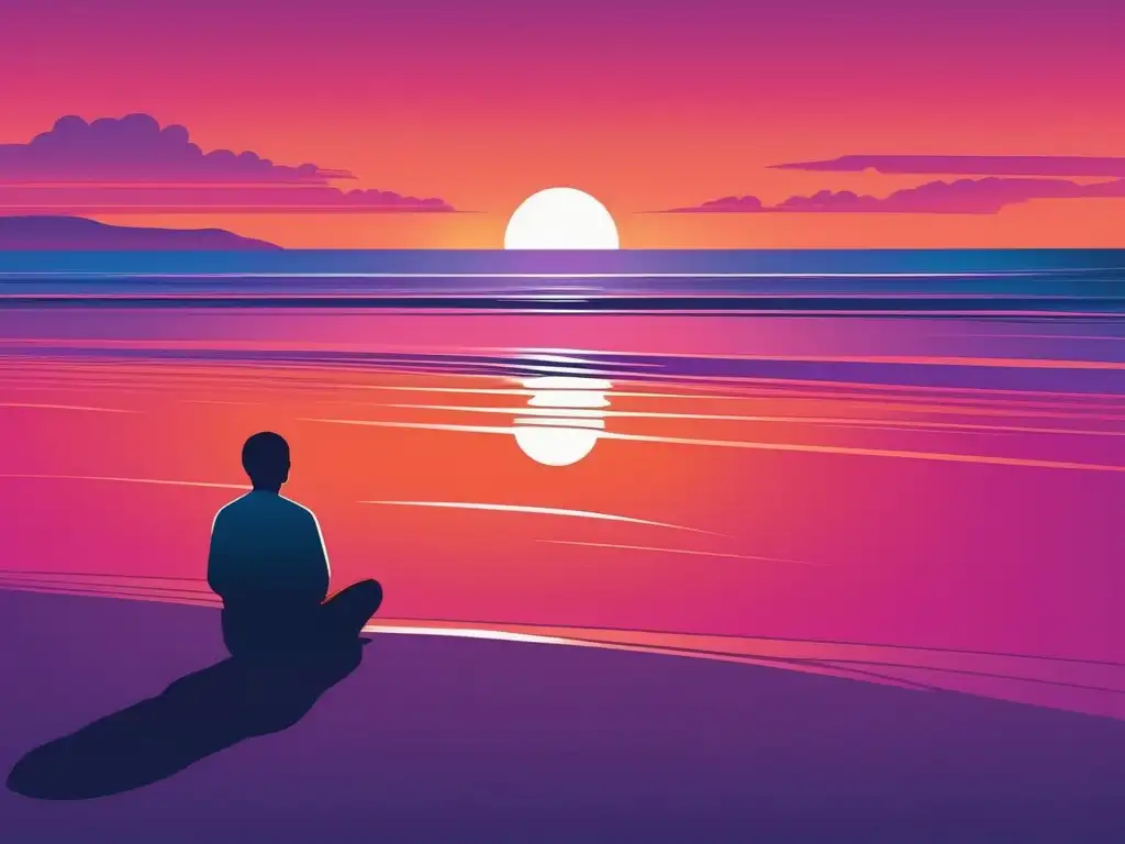 'Beneficios del Mindfulness para la autoestima - Imagen serena y tranquila de una persona practicando mindfulness en la playa con un hermoso atardecer