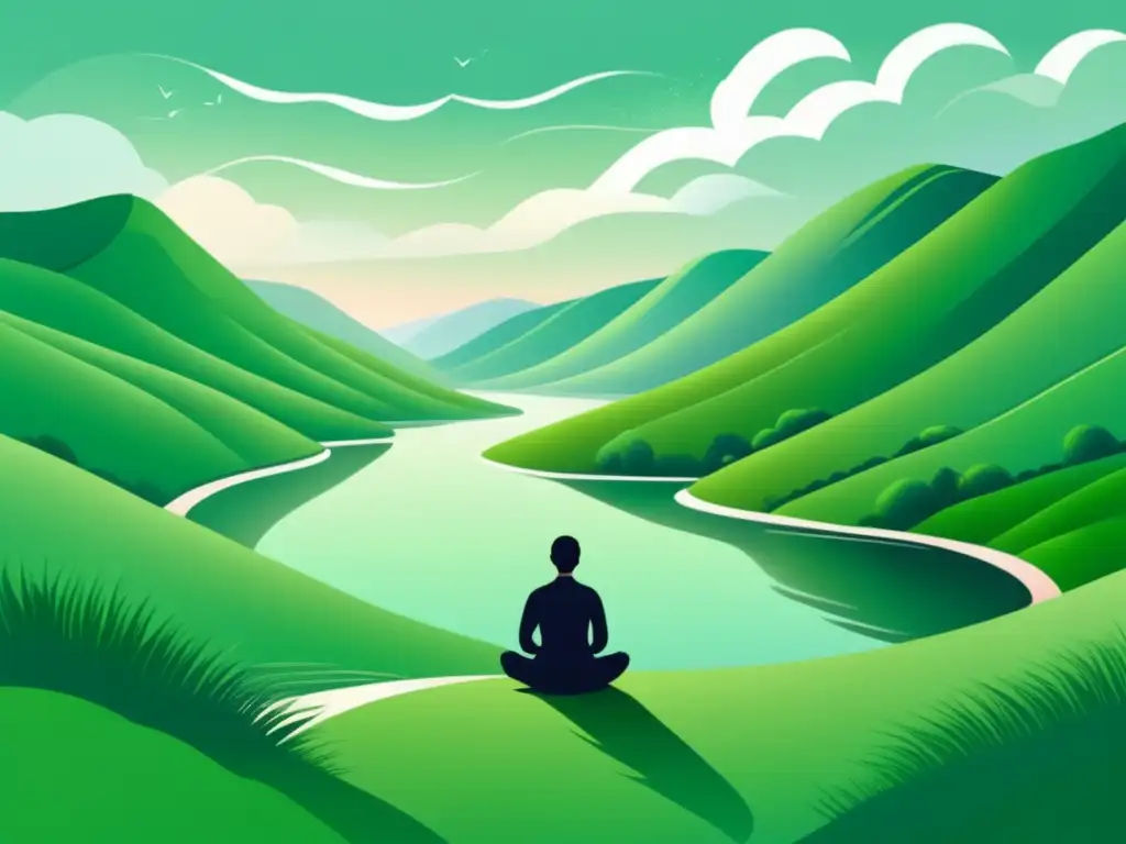 Paisaje sereno con río y persona practicando mindfulness: Prevención suicidio y autolesión, salud mental