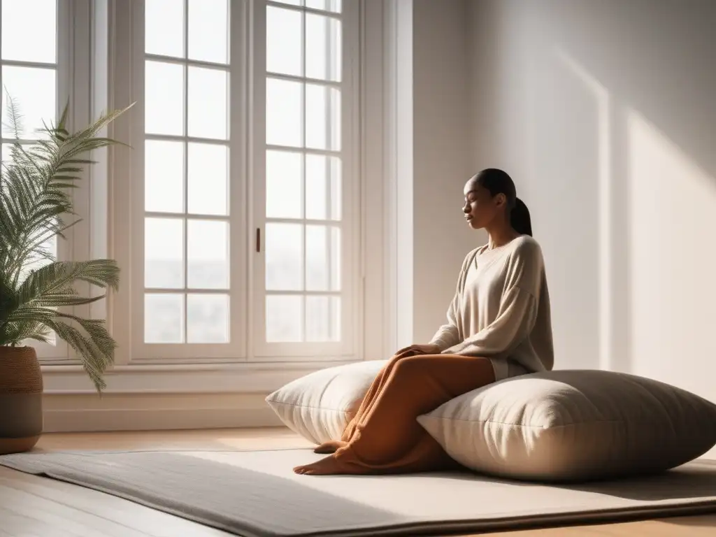 Beneficios del mindfulness para la salud mental: Imagen serena y minimalista de una persona meditando en una habitación luminosa y espaciosa