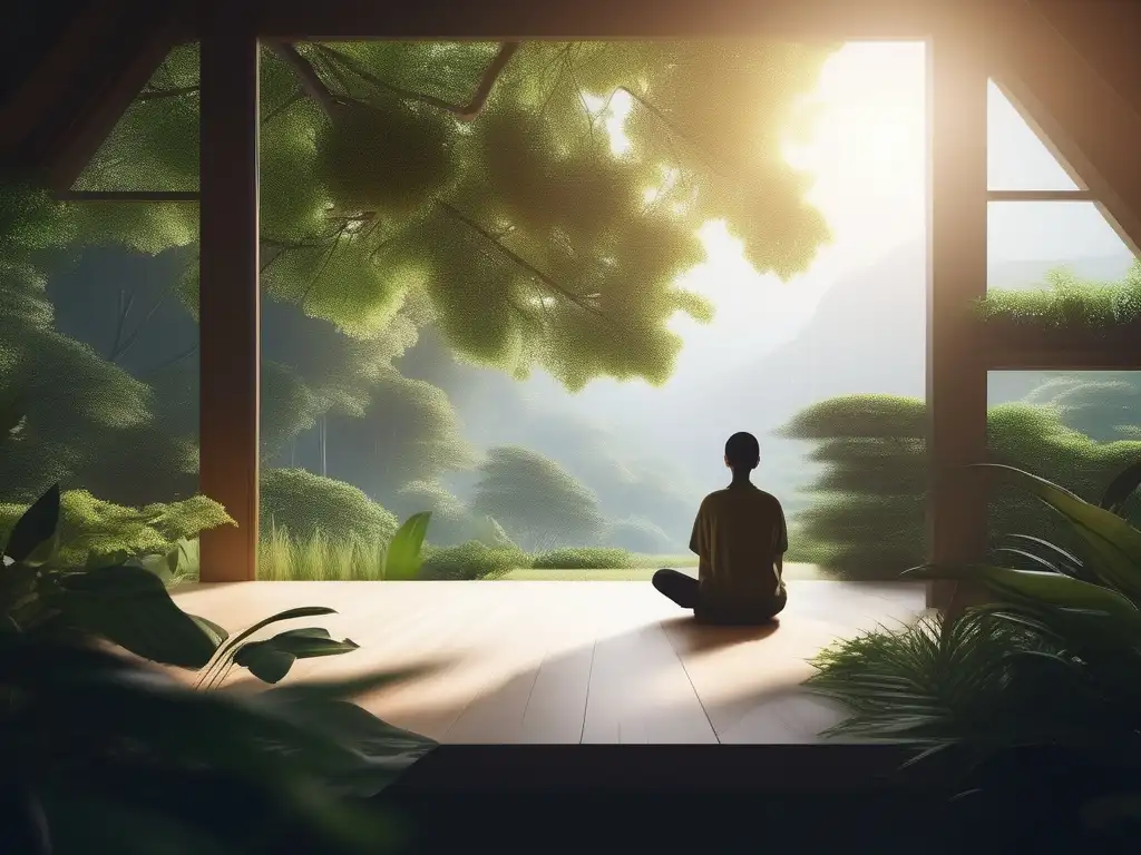 Beneficios Mindfulness: postura tranquila, serenidad, naturaleza, luz suave, minimalismo