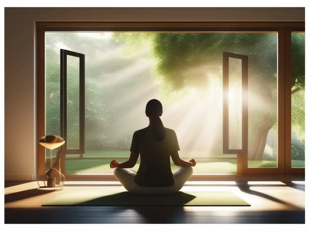 Beneficios del Mindfulness, serenidad y conexión con la naturaleza en una habitación iluminada y tranquila