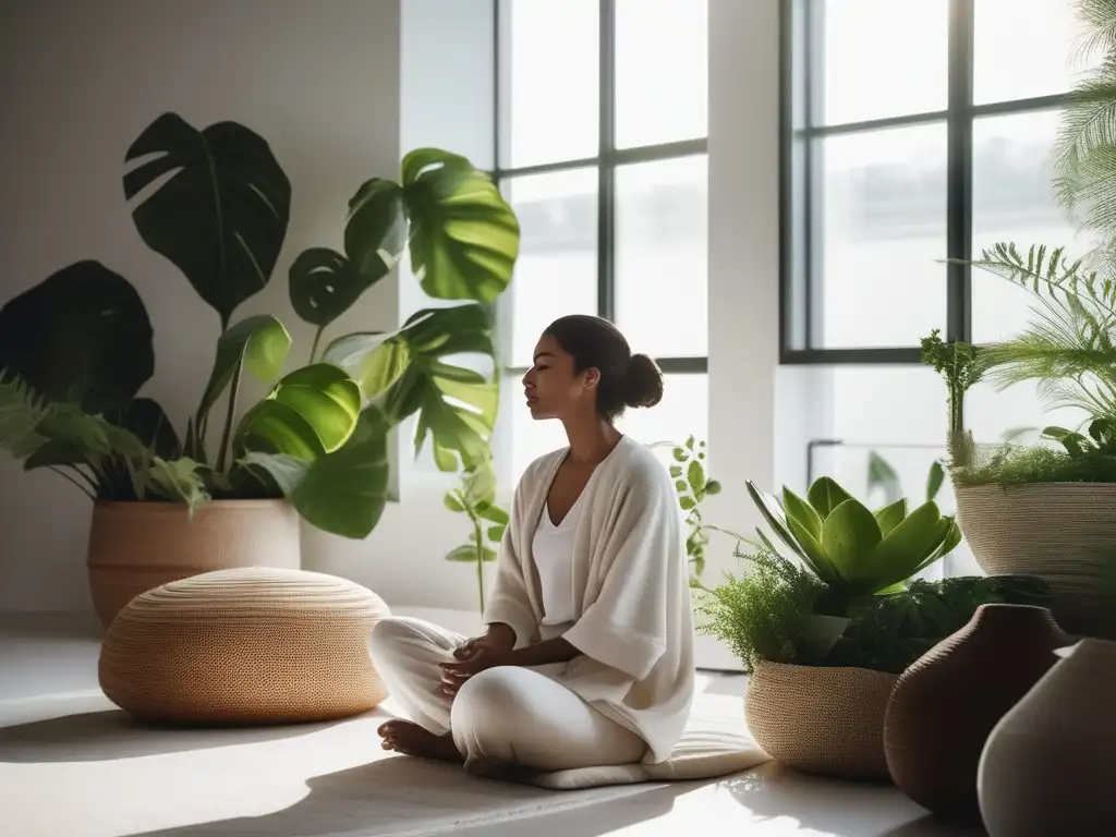 Persona en meditación rodeada de plantas verdes