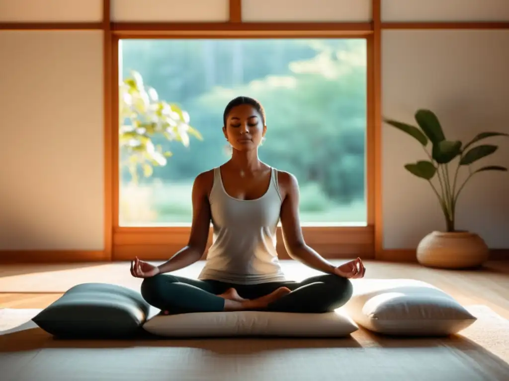 Persona en meditación en una habitación minimalista y tranquila