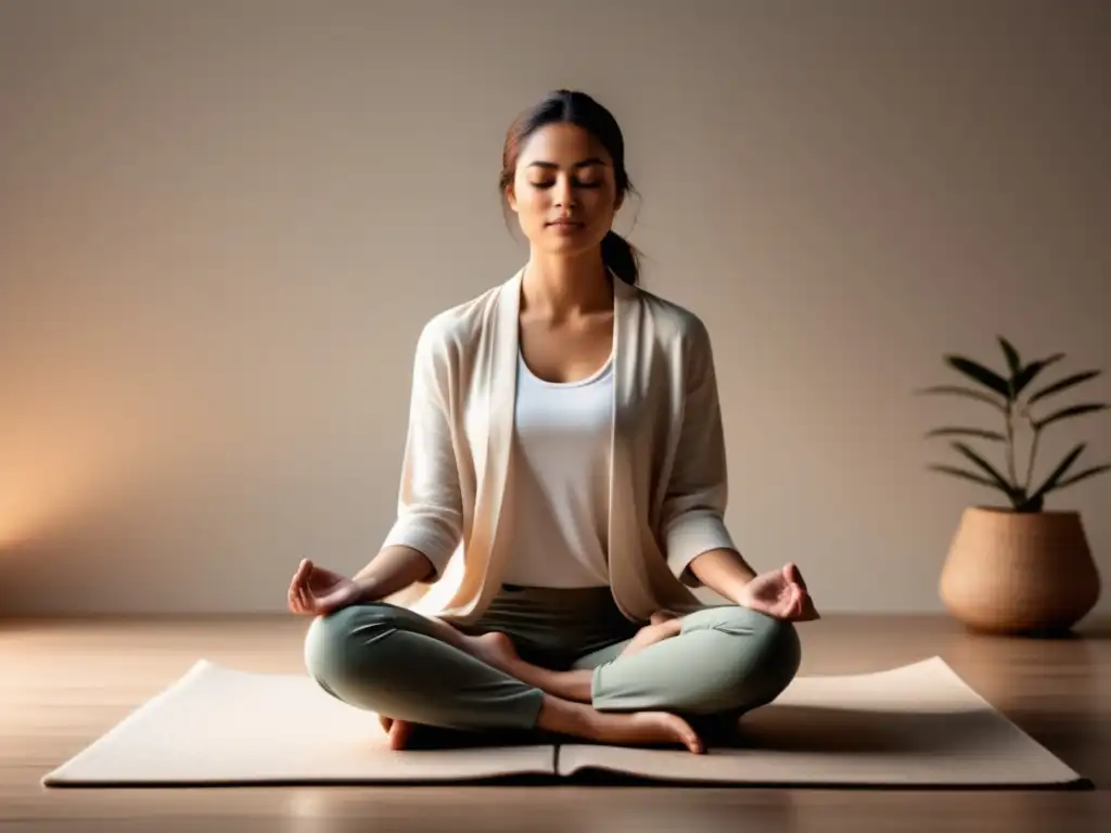 Persona relajada en postura de meditación, rodeada de luz natural y vestida de tonos neutros