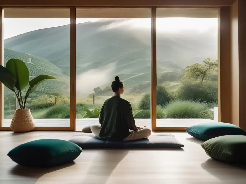 Persona meditando en una habitación minimalista con vista al paisaje - Técnicas de mindfulness para potenciar la creatividad