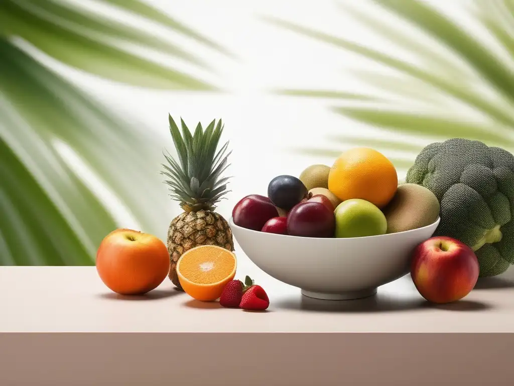 Mindfulness para trastornos alimentarios: Escena serena con frutas y verduras coloridas en un tazón en superficie blanca