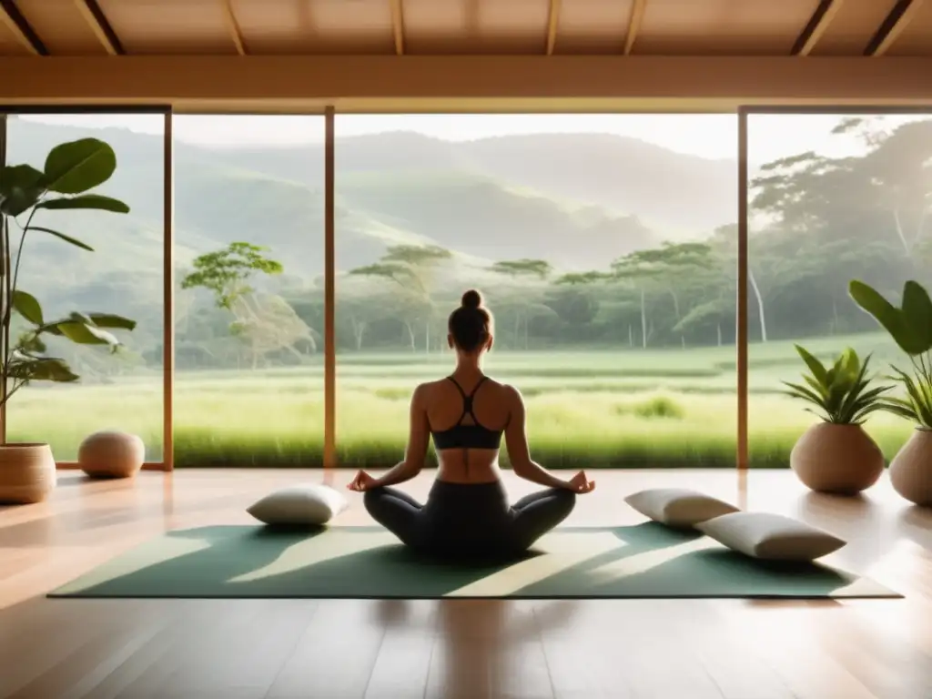 Estudio de yoga minimalista con vista a paisaje verde - Beneficios de la práctica de Mindfulness en la fatiga crónica