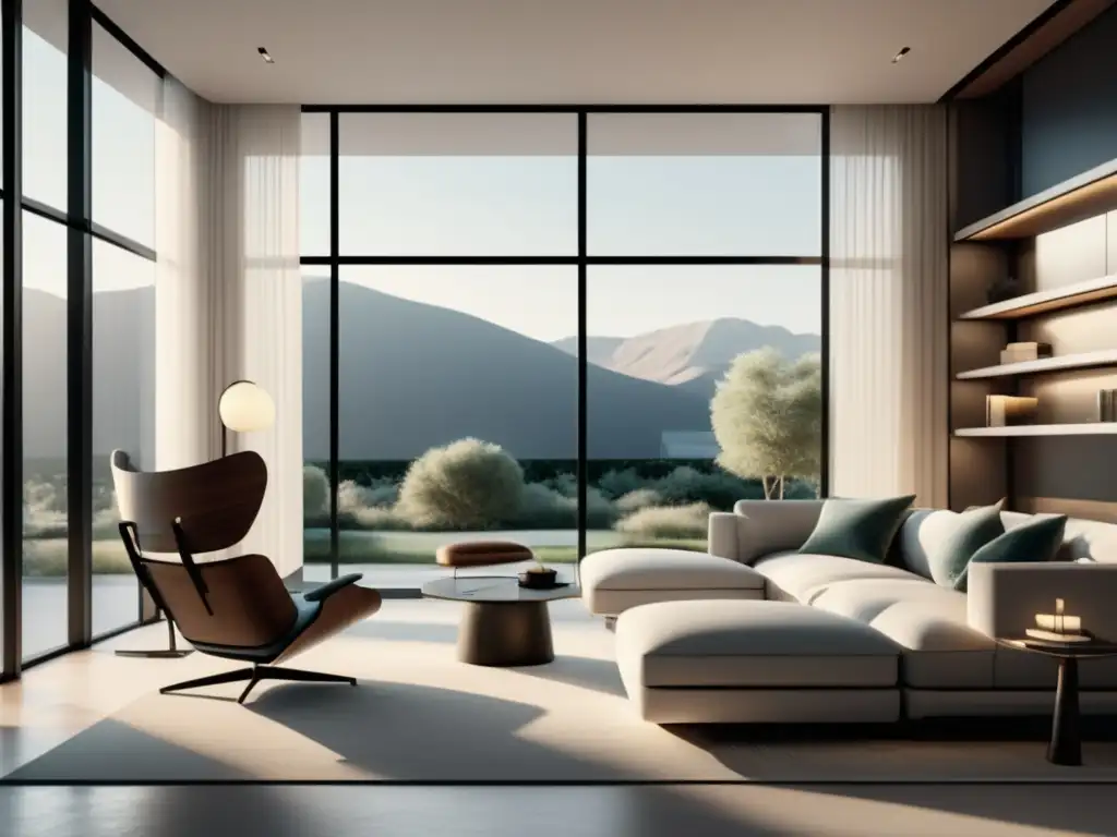 Habitación minimalista con ventanas panorámicas y vistas a paisaje natural, fomentando el impacto positivo en la salud mental