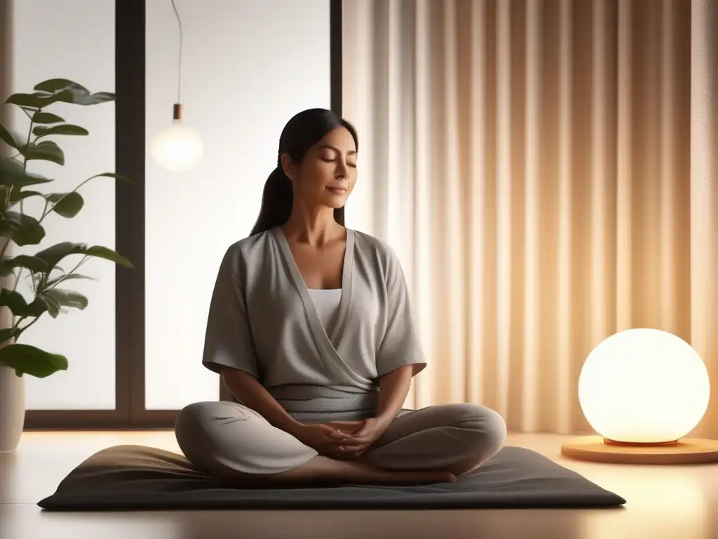 Mindfulness para la menopausia: Mujer serena en postura de meditación, rodeada de luz suave y naturaleza tranquila