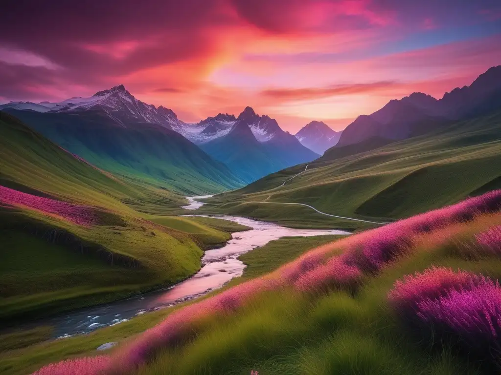 Paisaje sereno al atardecer en valle verde rodeado de montañas, con río tranquilo reflejando colores del cielo