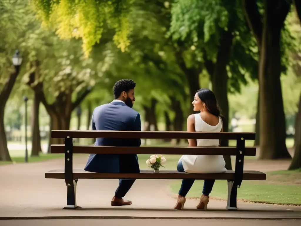 Pareja conversando en parque, transmitiendo confianza y superando inseguridad en relación de pareja