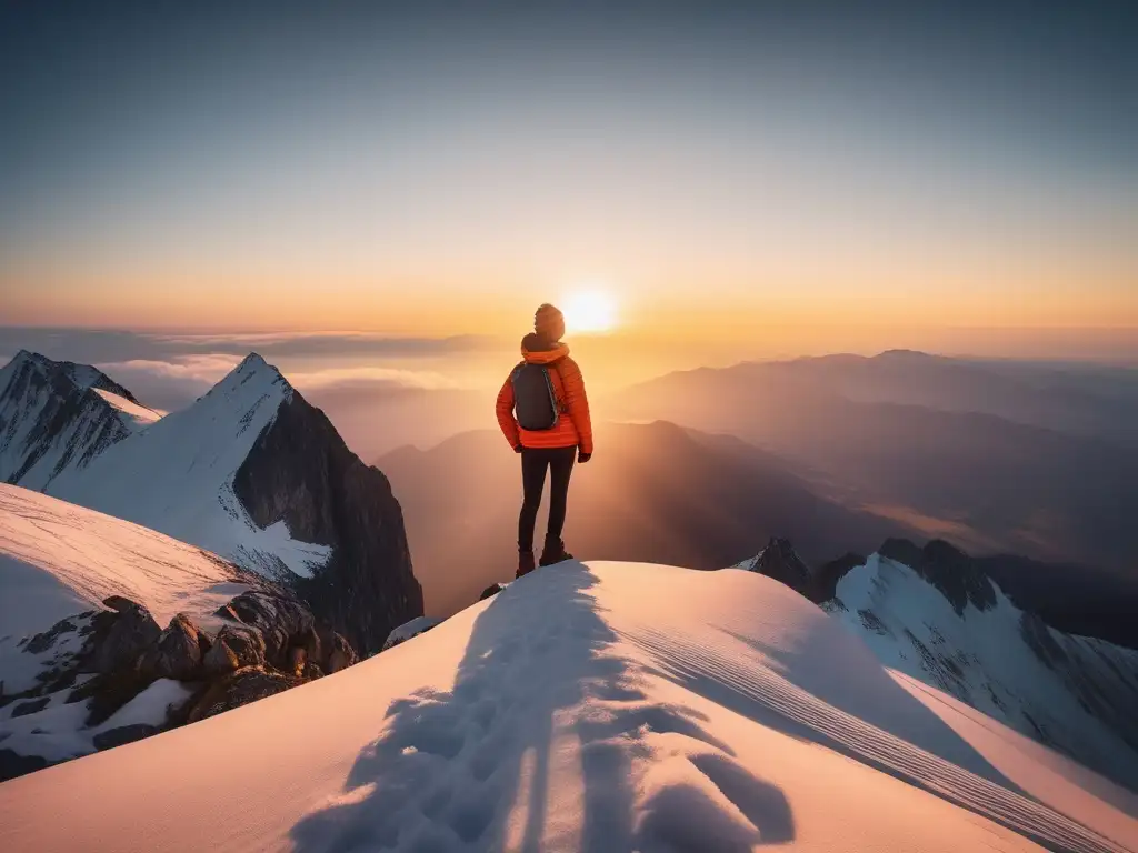 Persona empoderada en la cima de una montaña al atardecer, vistiendo ropa minimalista