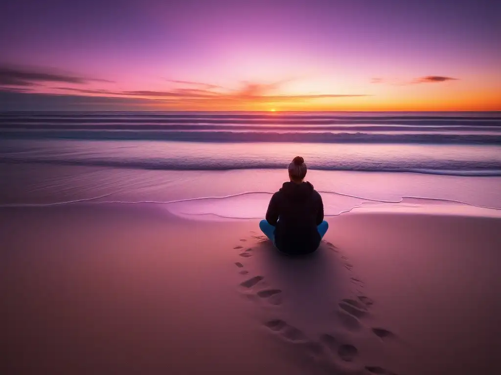 Prácticas de mindfulness para serenidad en una playa al atardecer