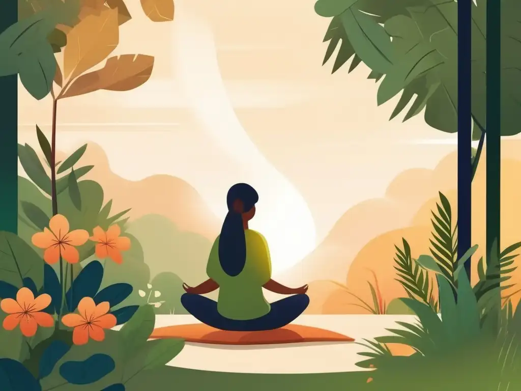 Ilustración minimalista de una escena serena y tranquila con una persona meditando rodeada de naturaleza y flores, rayos de sol y un arroyo