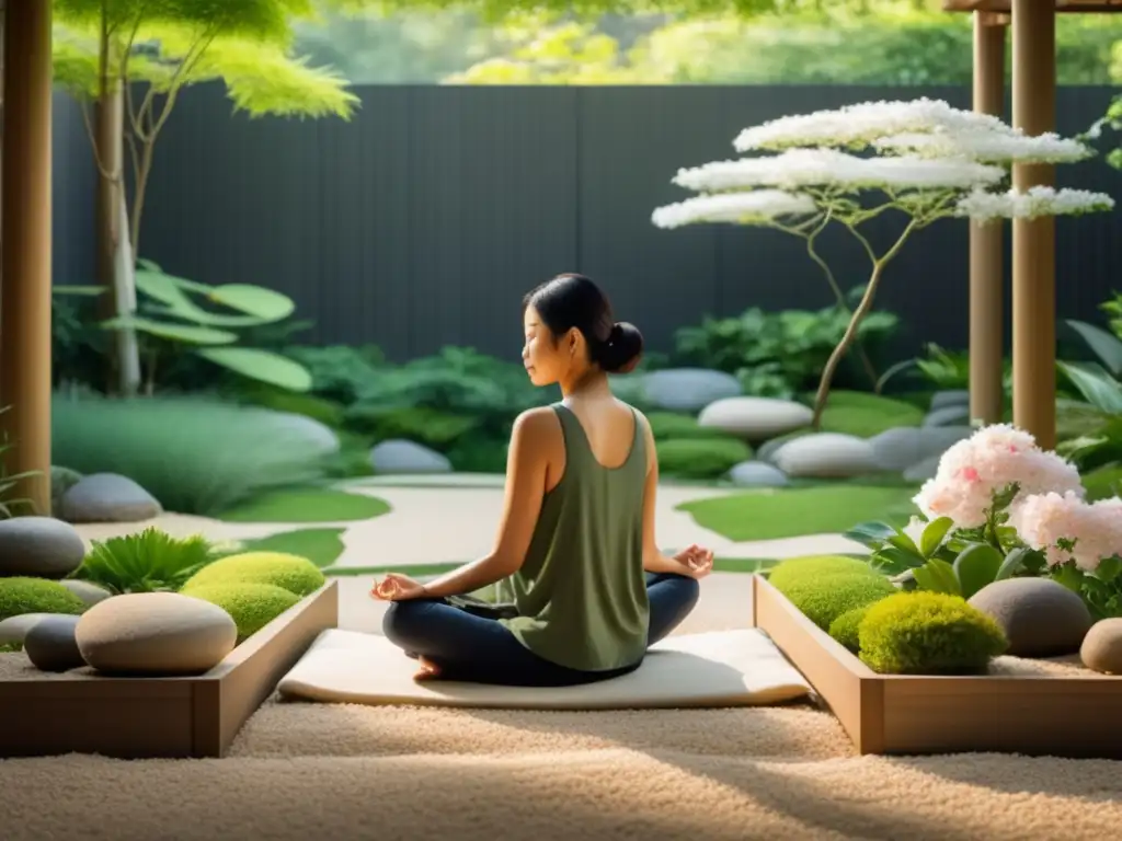 Persona relajada en un jardín Zen, estrategias manejo estrés emprendedor agotado