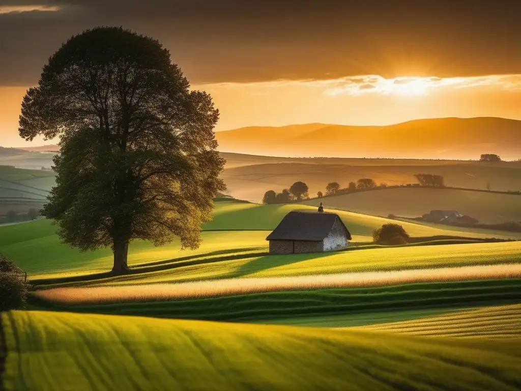 Paisaje rural al atardecer con gran detalle en 8k, estigmas de salud mental en el mundo rural