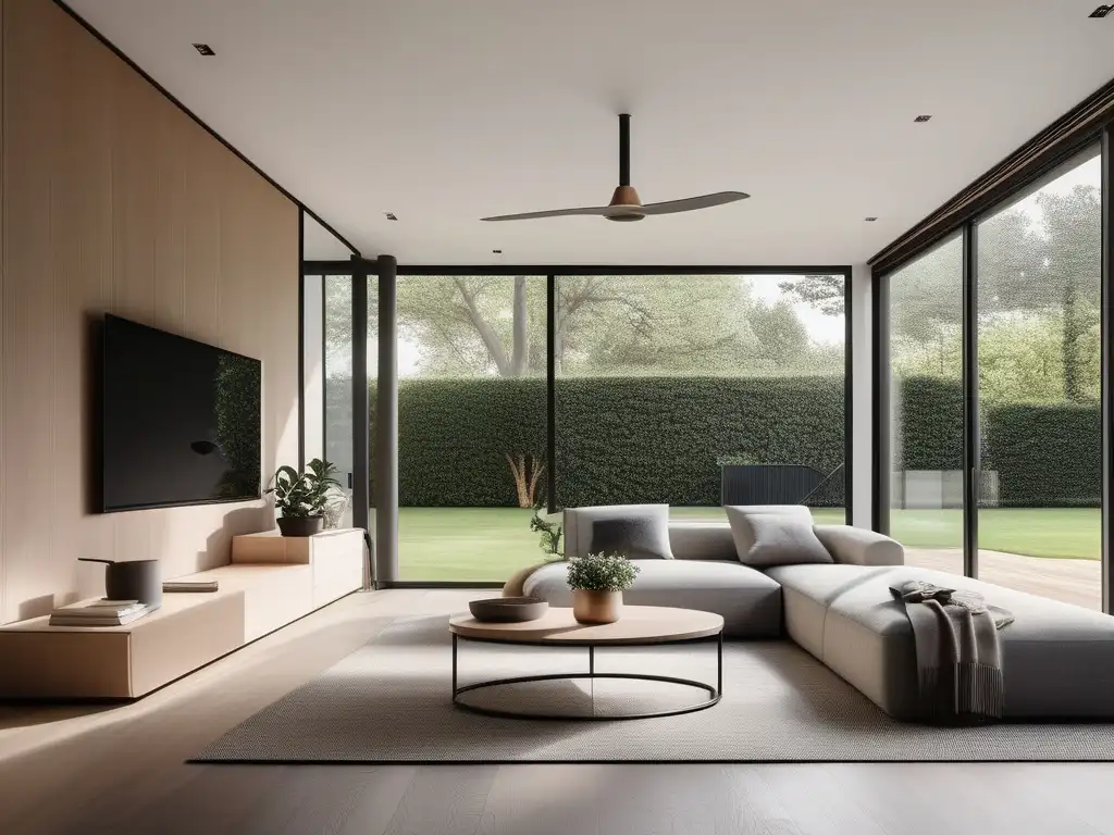 Espacioso y tranquilo salón con vista a un jardín verde, muebles minimalistas y luz natural