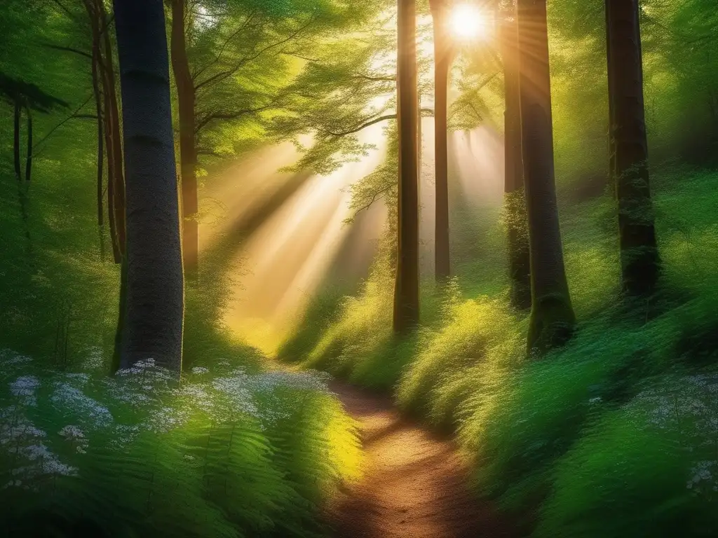 Bosque verde y sereno, rayos de sol y flores vibrantes