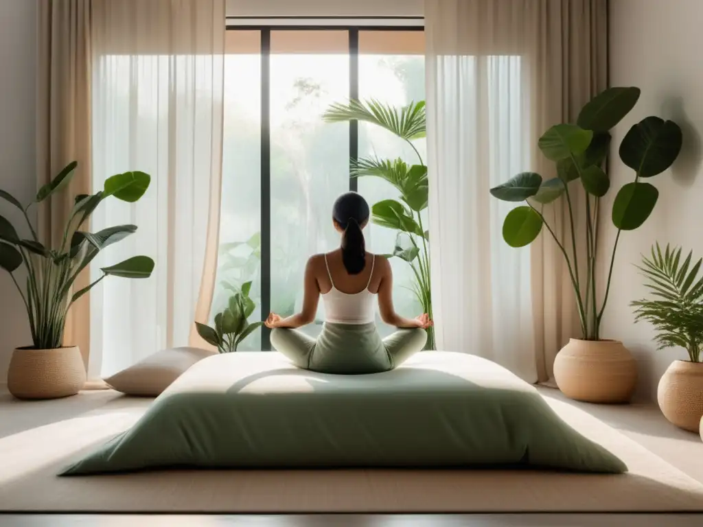 Habitación minimalista con luz natural y persona meditando