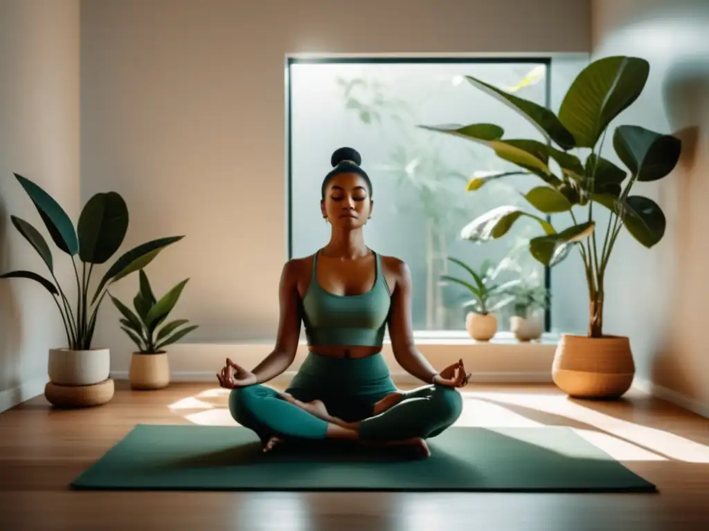 Person meditando en habitación tranquila con decoración, demostrando beneficios de modelos terapéuticos en bienestar