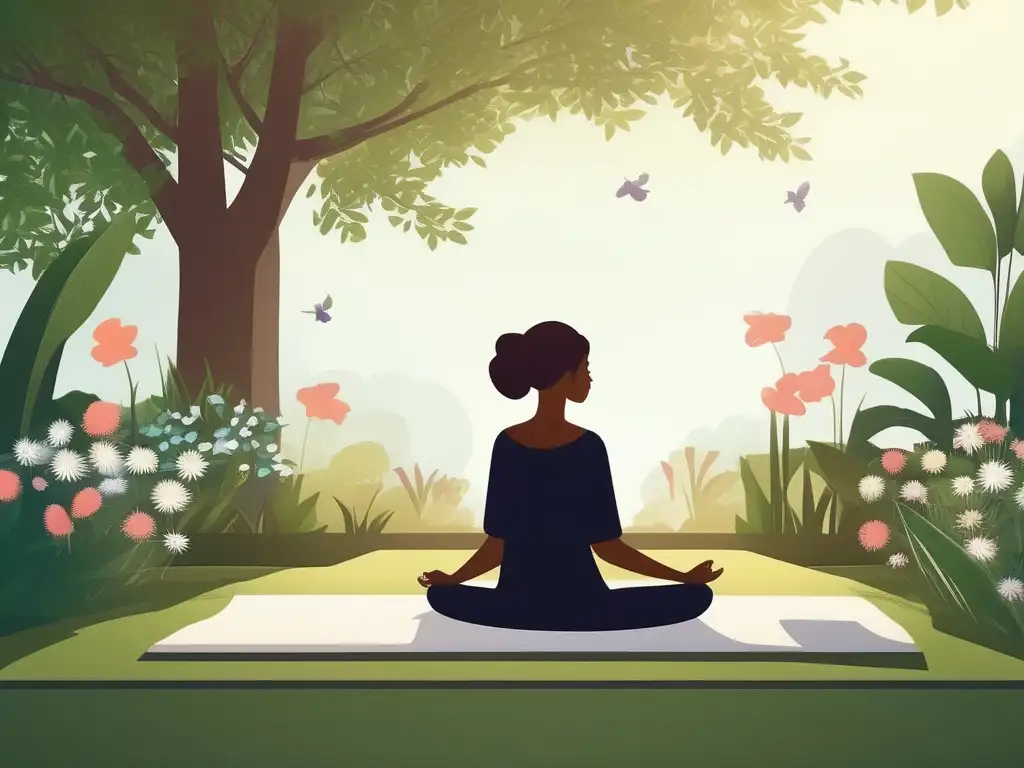 Persona en meditación en jardín, con flores y naturaleza, promoviendo beneficios de la meditación de corazón abierto