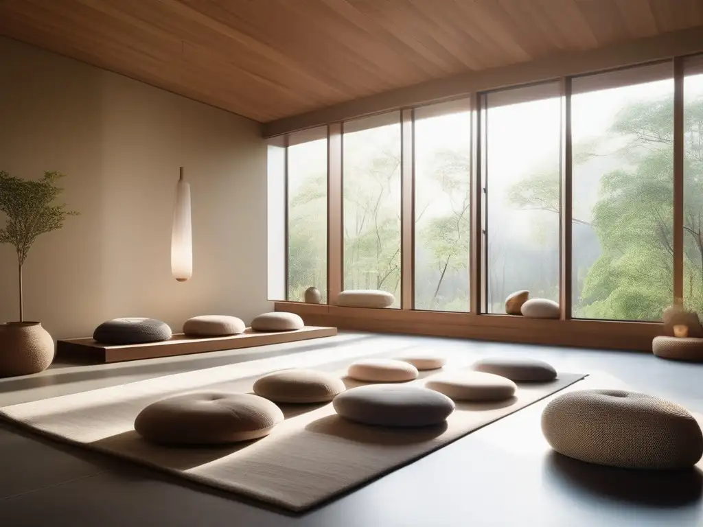 Beneficios de meditar con los cinco elementos: sala de meditación serena, decoración minimalista, luz natural, elementos representativos