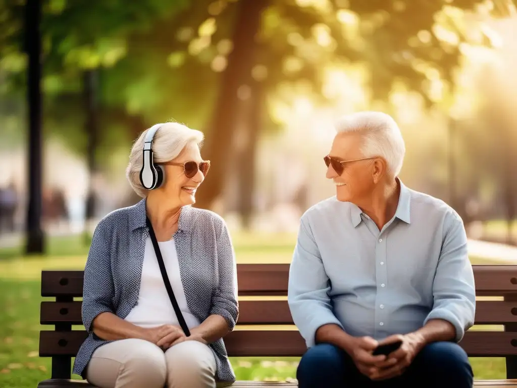 Pareja mayor disfrutando de música en el parque - Importancia de la música en la vejez