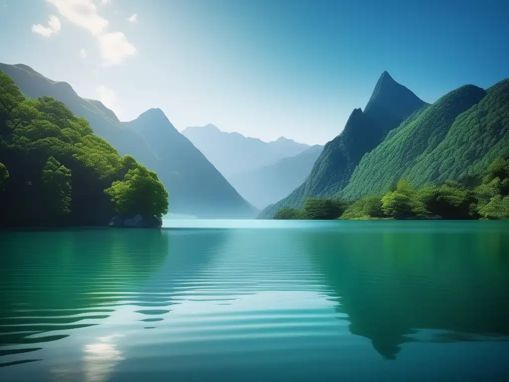 Importancia de la Neuropsicología en bienestar emocional: Lago sereno rodeado de montañas verdes, reflejando el cielo azul