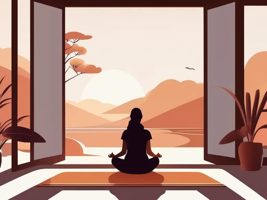 Consejos para superar la depresión: ilustración minimalista y serena de una persona meditando en una habitación tranquila