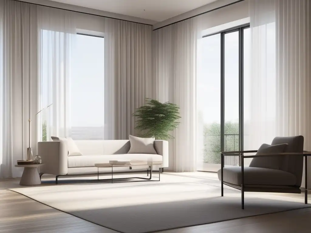 Serenidad en una habitación iluminada por el sol, muebles modernos y cortinas blancas que ondean suavemente