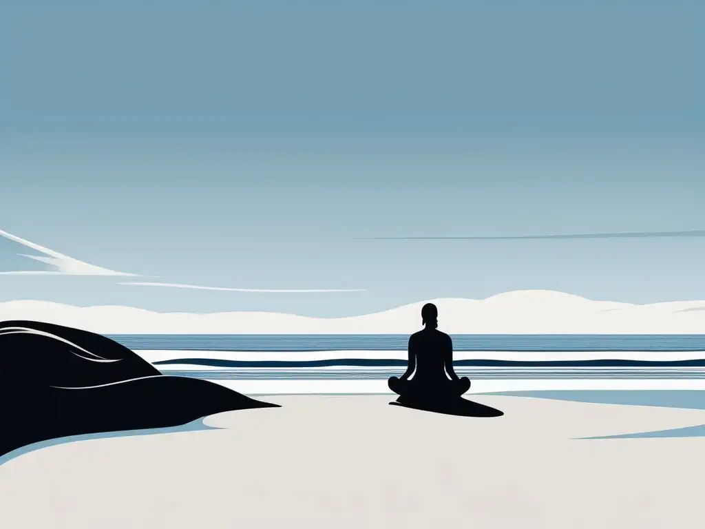 Manejo del estrés con Neuropsicología: persona meditando en una playa tranquila, con cielo azul y olas suaves