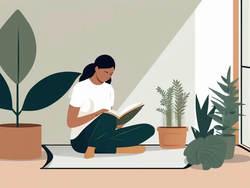 Persona en ambiente tranquilo y minimalista, rodeada de plantas y elementos naturales, planificando y cuidando de sí misma