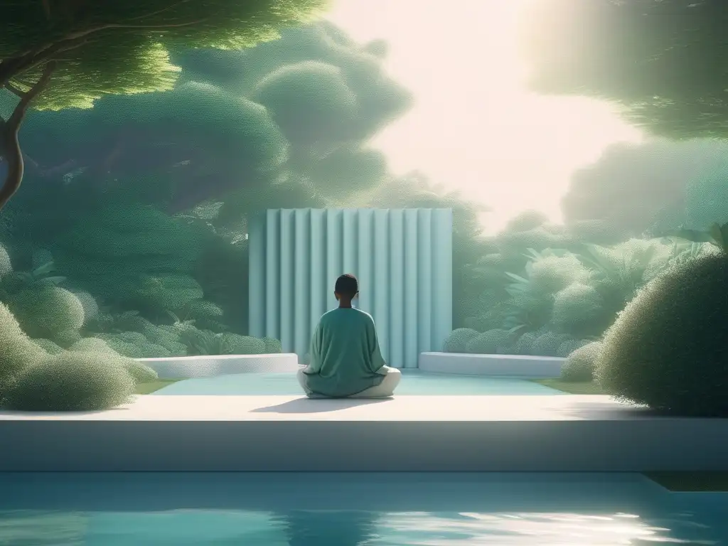 Imagen de escena serena y minimalista con persona meditando en un entorno verde