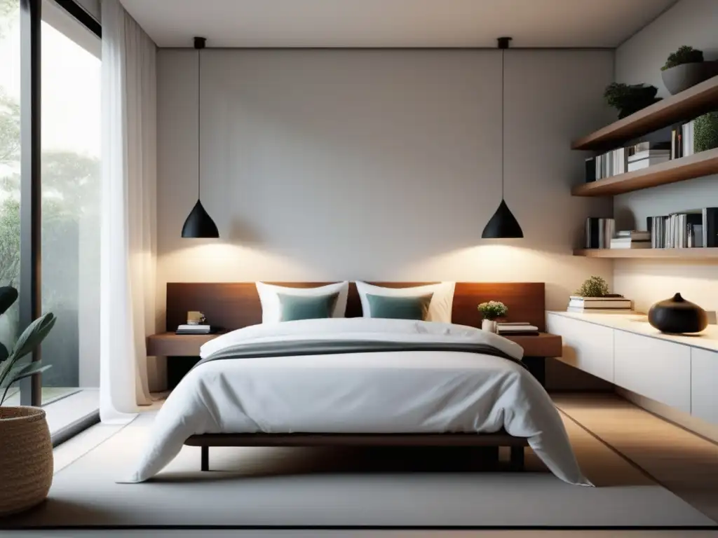 Habitación minimalista con luz natural, cama blanca impecable, escritorio ordenado y planta verde