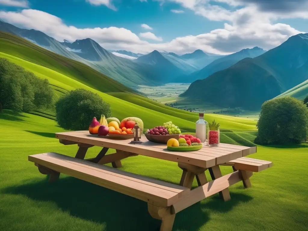 Alimentos contra la depresión: paisaje sereno con mesa de picnic y frutas y verduras coloridas